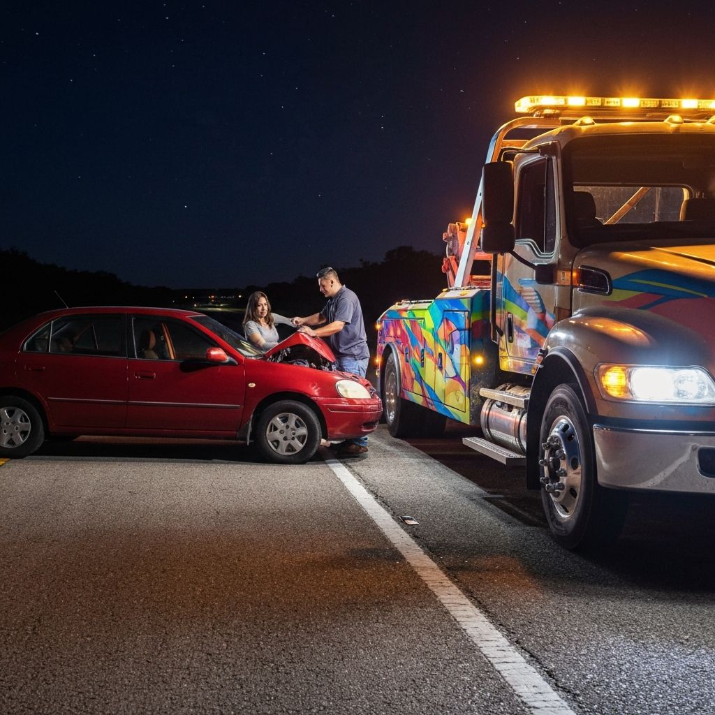 Professional tow truck responding to emergency call on US highway at night